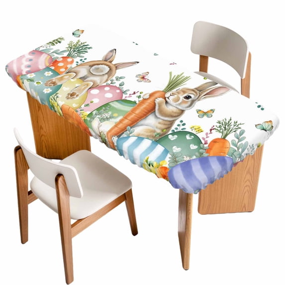 Spring Easter Table Cloths for 5 Foot Rectangle Tables, Rabbits Eggs Botanical Floral Leaf Butterfly Patio Waterproof Elastic Fitted Tablecloths, Washable Rectangular Table Cover for Camping