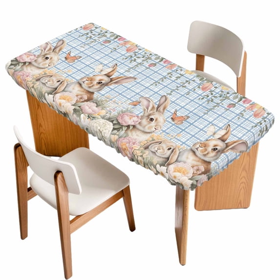 Spring Easter Table Cloths for 6 Foot Rectangle Tables, Cute Rabbits Flower Leaves Butterfly Blue Plaid Patio Waterproof Elastic Fitted Tablecloths, Washable Rectangular Table Cover for Camping