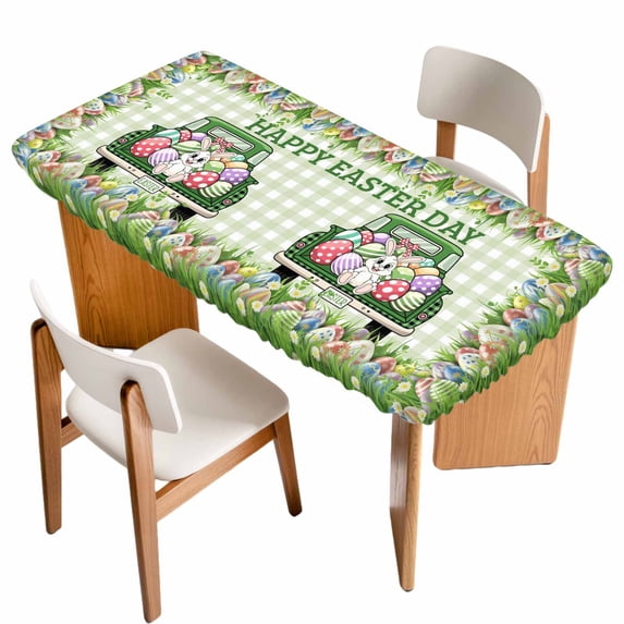 Spring Easter Table Cloths for 6 Foot Rectangle Tables, Easter Eggs Bunny Truck Botanical Green Plaid Patio Waterproof Elastic Fitted Tablecloths, Washable Rectangular Table Cover for Camping