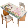 thumbnail image 1 of Spring Easter Table Cloths for 6 Foot Rectangle Tables, Pink Yellow Bunny Tulip Eggs Plaid Rustic Patio Waterproof Elastic Fitted Tablecloths, Washable Rectangular Table Cover for Camping, 1 of 8