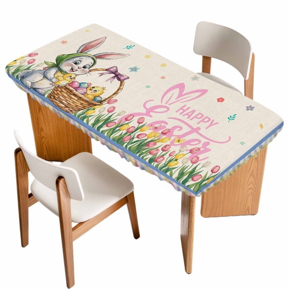 Spring Easter Table Cloths for 6 Foot Rectangle Tables, Pink Yellow Bunny Tulip Eggs Plaid Rustic Patio Waterproof Elastic Fitted Tablecloths, Washable Rectangular Table Cover for Camping
