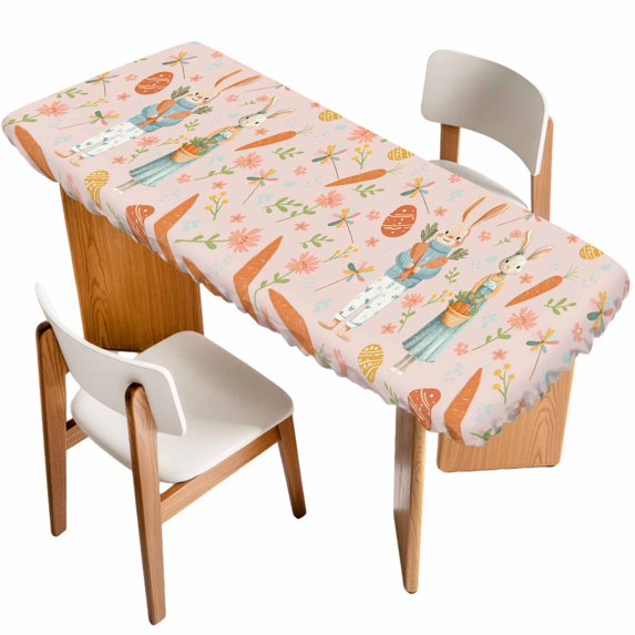 Spring Easter Table Cloths for 8 Foot Rectangle Tables, Bunny Carrots Eggs Floral Botanical Pink Patio Waterproof Elastic Fitted Tablecloths, Washable Rectangular Table Cover for Camping