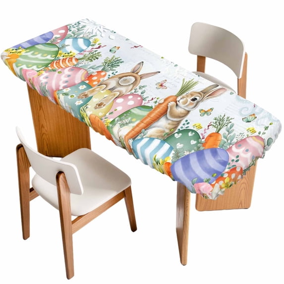 Spring Easter Table Cloths for 8 Foot Rectangle Tables, Rabbit Eggs Eucalyptus Leaf Floral Butterfly Patio Waterproof Elastic Fitted Tablecloths, Washable Rectangular Table Cover for Camping