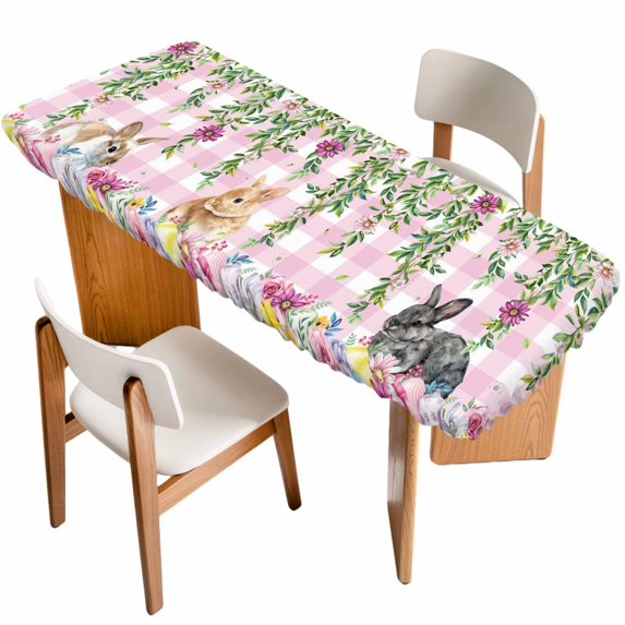 Spring Easter Table Cloths for 8 Foot Rectangle Tables, Watercolor Floral Eggs Rabbits Leaf Pink Plaid Patio Waterproof Elastic Fitted Tablecloths, Washable Rectangular Table Cover for Camping