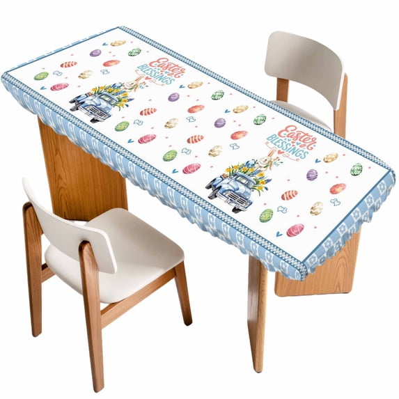 Spring Easter Table Cloths for 8 Foot Rectangle Tables, Watercolor Floral Eggs Rabbits Truck Blue Patio Waterproof Elastic Fitted Tablecloths, Washable Rectangular Table Cover for Camping