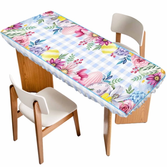 Spring Easter Table Cloths for 8 Foot Rectangle Tables, Watercolor Flower Eggs Berry Leaf Blue Plaid Patio Waterproof Elastic Fitted Tablecloths, Washable Rectangular Table Cover for Camping