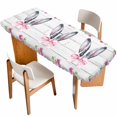 thumbnail image 1 of Spring Easter Table Cloths for 8 Foot Rectangle Tables, Watercolor Flowers Rabbits Ears Bow Wooden Gray Patio Waterproof Elastic Fitted Tablecloths, Washable Rectangular Table Cover for Camping, 1 of 8