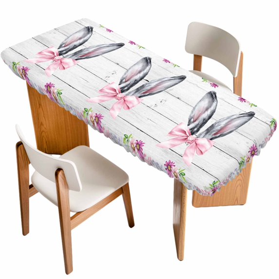 Spring Easter Table Cloths for 8 Foot Rectangle Tables, Watercolor Flowers Rabbits Ears Bow Wooden Gray Patio Waterproof Elastic Fitted Tablecloths, Washable Rectangular Table Cover for Camping