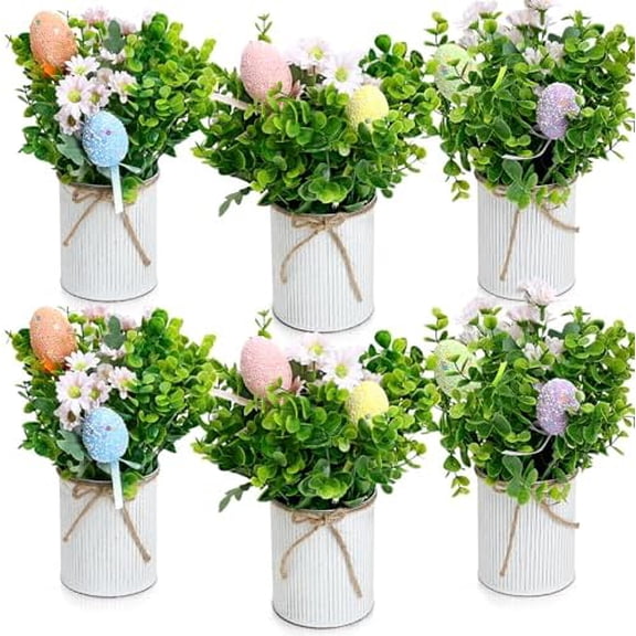 Spring Easter Table Decorations Centerpieces Set of 6 Pre-Made Eggs Tabletop Arrangements with Rustic Metal Vase for Farmhouse Dining Room Home Kitchen Indoor Party Office Decor