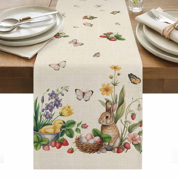 Spring Easter Table Runner - 36 Inch Long, Kitchen Dining Table Runner Dresser Scarves, Country Bunny Chick Floral Butterflies Burlap Farmhouse Decor for Coffee Tables Wedding Party Banquet