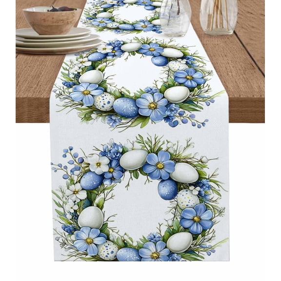 Spring Easter Table Runner 36 Inches, Idyllic Pastel Eggs Flower Leaves Wreath Bed Runner Dresser Scarves Tabletop for Indoor Outdoor Parties/Ceremony/Banquet, 13"x 36"