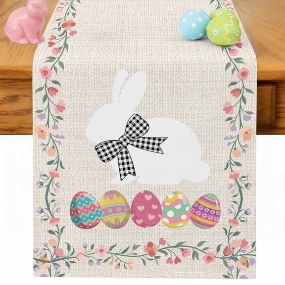 Spring Easter Table Runner 36 Inches Long for Kitchen Dining, Colorful Eggs Rustic Bunny Dresser Scarf Farmhouse, Dining Table Decorations for Wedding/Parties, 13 x 36 In
