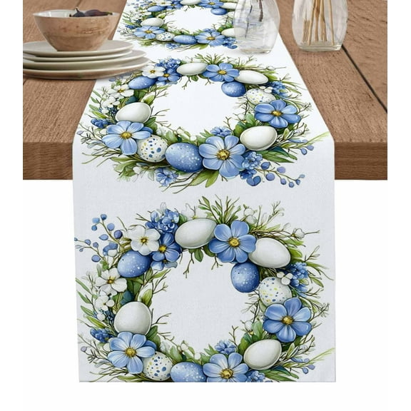 Spring Easter Table Runner 48 Inches, Idyllic Pastel Eggs Flower Leaves Wreath Bed Runner Dresser Scarves Tabletop for Indoor Outdoor Parties/Ceremony/Banquet, 13" x 48"