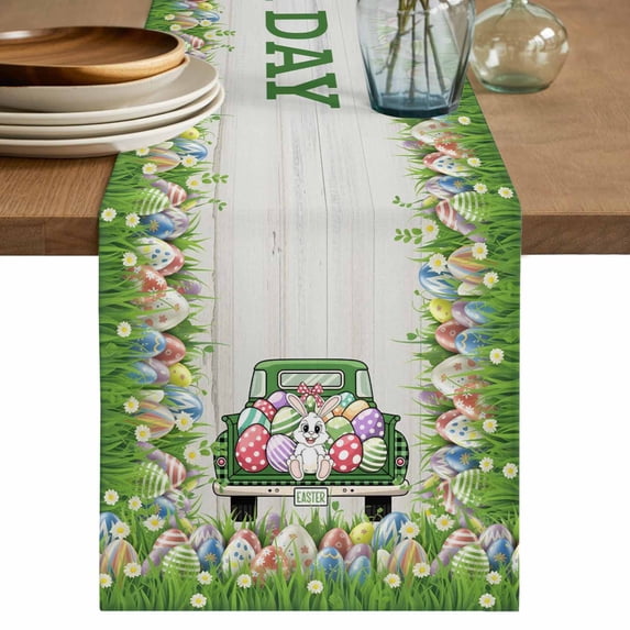 Spring Easter Table Runner 60 Inches, Easter Eggs Bunny Truck Botanical Wooden Bed Runner Dresser Scarves Tabletop for Indoor Outdoor Parties/Ceremony/Banquet, 13" x 60"