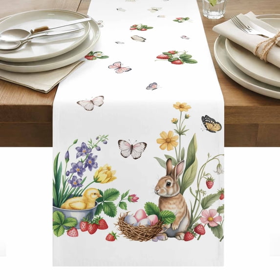 Spring Easter Table Runner - 72 Inch Long, Kitchen Dining Table Runner Dresser Scarves, Country Bunny Chick Floral Butterflies Watercolor Farmhouse Decor for Coffee Tables Wedding Party Banquet