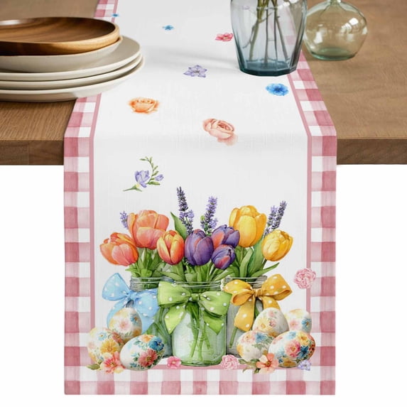 Spring Easter Table Runner 72 Inches, Colorful Tulip Floral Eggs Pink Plaid Bed Runner Dresser Scarves Tabletop for Indoor Outdoor Parties/Ceremony/Banquet, 14" x 72"