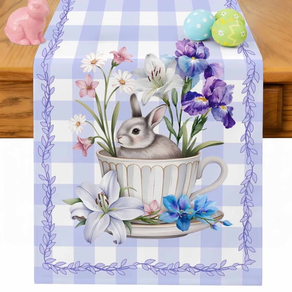 Spring Easter Table Runner 90 Inches Long for Kitchen Dining, Bunny Botanical Flowers Leaves Purple Check Dresser Scarf Farmhouse, Dining Table Decorations for Wedding/Parties, 13 x 90 In