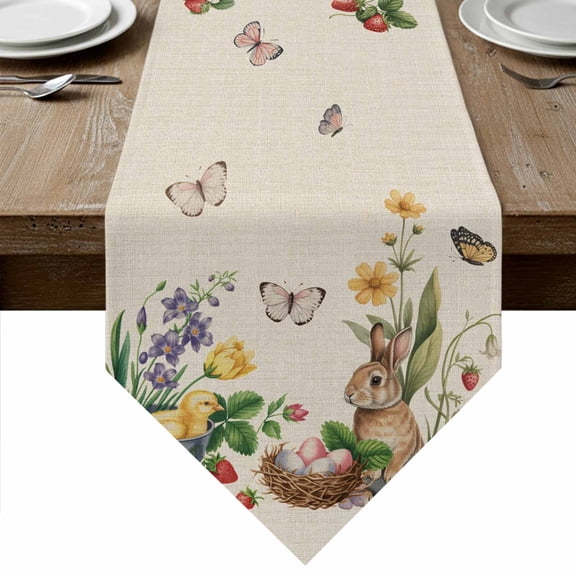 Spring Easter Table Runner Linen Burlap Table Runner 36 Inches Small Country Bunny Chick Floral Butterflies Burlap Dresser Scarves for Kitchen Island Coffee Dining Party Wedding Holiday Decor 13"x36"