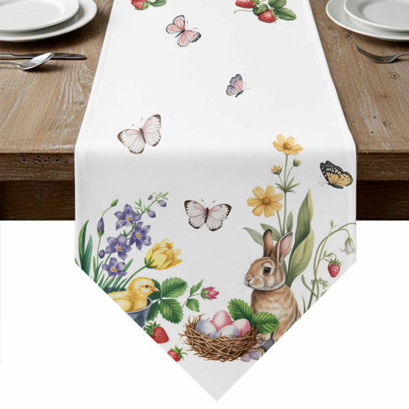 Spring Easter Table Runner Linen Burlap Table Runner 72 Inches Long Country Bunny Chick Floral Butterflies Watercolor Dresser Scarves for Kitchen Island Coffee Dining Party Holiday Decor 14"x72"