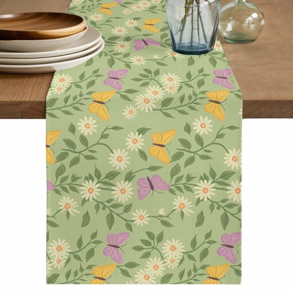 Spring Easter Table Runner, Watercolor Floral Daisy Butterflies Green Washable Cotton Linen Table Runners 108 Inches Long, Dresser Scarf Runner for Dining/Living Room/Kitchen/Square Tables 13''x108''