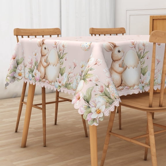 Spring Easter Tablecloth Rectangle 60x84 Inch,Pink Floral Eggs Table Cloth,Spring Holiday Table Cover for Party Picnic Dinner Decor
