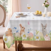 Spring Easter Tablecloth Rectangle - Bunny & Eggs Buffalo Plaid Flower Table Cloths, Stain Resistant Wrinkle Free Table Covers for Dinner/Party/Picnic/Outdoor, Grey Checkered 60 x 84 Inch