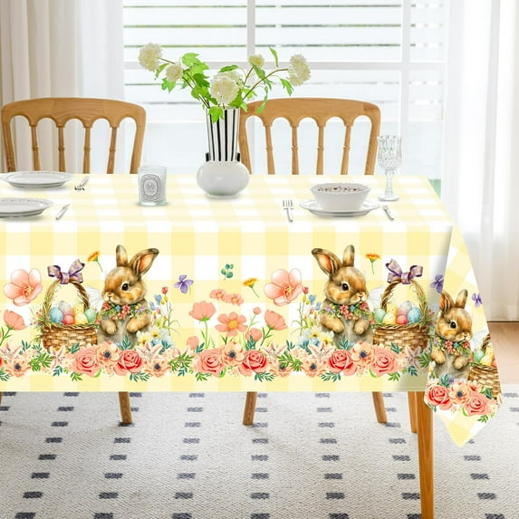 Spring Easter Tablecloth Rectangle, Flower Bunny & Eggs Buffalo Plaid Decorative Table Cloths Stain Resistant Fabric Table Cover for Dinner/Party/Picnic/Indoor/Outdoor (Grey, 60 x 84 Inch)