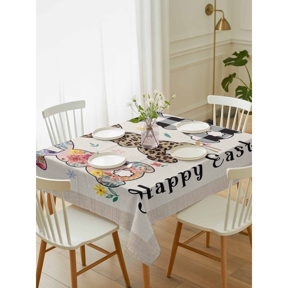 Spring Easter Tablecloth Rectangle Table Cloth 52x70, Waterproof Tablecloth Outdoor Table Cloth, Floral Checkered Bunny Linen Texture Washable Table Cover for Kitchen Dinning Party