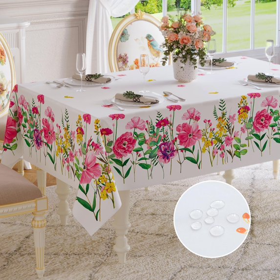 Spring Easter Tablecloth Rectangle - Waterproof Floral Pattern Decorative Summer Table Cloths, Stain Resistant Wrinkle Free Table Covers for Dinner/Party/Picnic/Indoor/Outdoor, 60 x 84 Inch