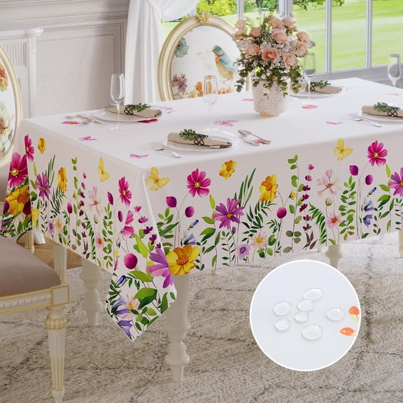 Spring Easter Tablecloth Rectangle - Waterproof Floral Pattern Decorative Summer Table Cloths, Stain Resistant Wrinkle Free Table Covers for Dinner/Party/Picnic/Indoor/Outdoor, 60 x 84 Inch