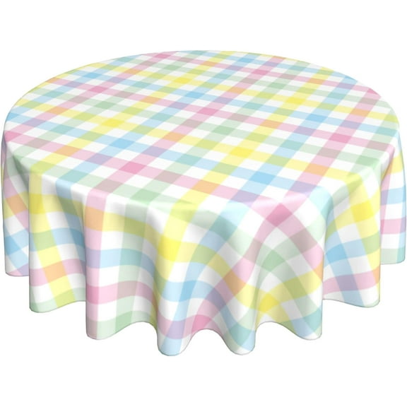 Spring Easter Tablecloth Round 60 Inch,Blue Pink Yellow Plaid Table Cloth Waterproof Washable Polyester Multicolor Check Table Cover for Kitchen Dining Table Picnic Easter Party Decoration