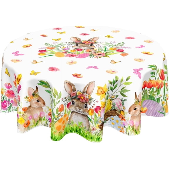 Spring Easter Tablecloth Round 60 Inch Green Bunny Easter Table Cloth Farmhouse Pink Floral Table Cover for Kitchen Dinner Room Holiday Party Indoor Outdoor Home Easter Decor