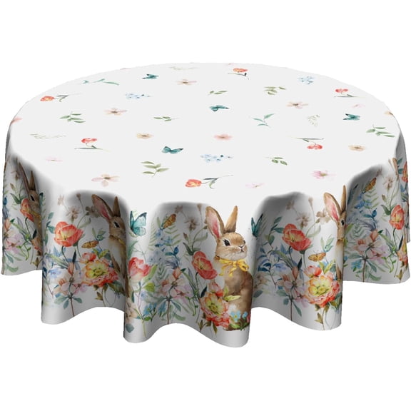 Spring Easter Tablecloth Round Cute Bunny Table Cloths 60 Inch Summer Watercolor Floral Rabbit Table Covers for Anniversary Wedding Kitchen Party Dinner Decoration