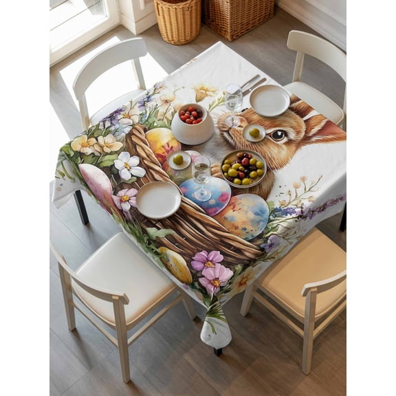 Spring Easter Tablecloth Square Table Cloth 54x54,Waterproof Outdoor Table Cloth Covers Decorative Table Protector ,Colorful Eggs Bunny Botanical Floral Washable Table Cover for Kitchen Dinning Party