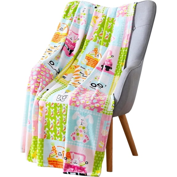 Spring Easter Throw Blanket: Playful Patchwork of Spring Bunny Characters, Soft Cozy Velvet Fleece
