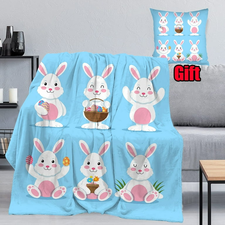 Spring Easter Throws Blanket With Pillow Cover For Couch Sofa Office Super Soft Flannel Bed Blanket Easter Cute Rabbit Floral Blanket For Kids Women