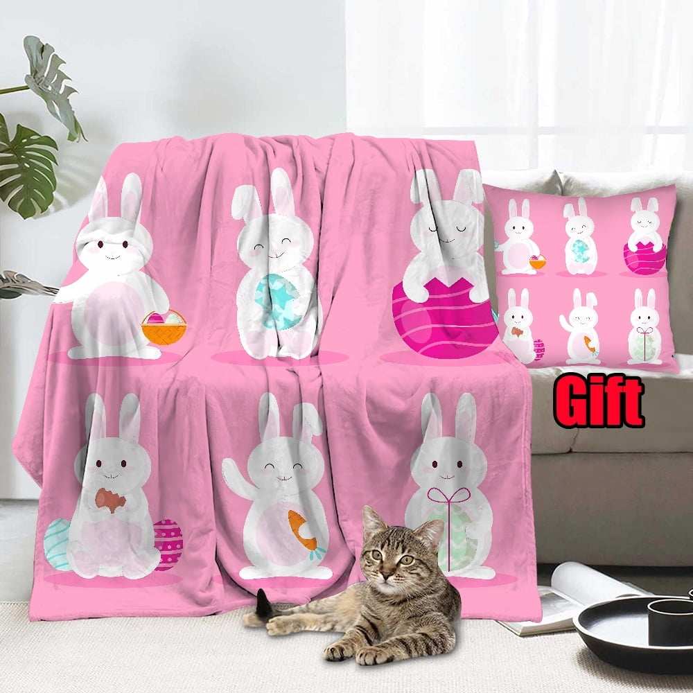 Spring Easter Throws Blanket With Pillow Cover For Office, Bed, Sofa Fluffy Flannel Flannel