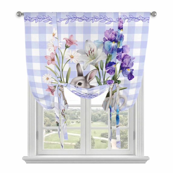 Spring Easter Tie Up Curtains for Windows, Adjustable Balloon Window Shades, Bunny Botanical Flowers Leaves Purple Check Kitchen Window Treatments Farmhouse Short Curtains with Rod Pocket 42"x45"