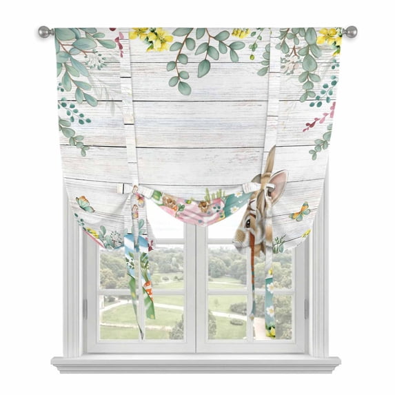 Spring Easter Tie Up Curtains for Windows, Adjustable Balloon Window Shades, Bunny Eggs Floral Leaves Farm Wooden Grain Kitchen Window Treatments Farmhouse Short Curtains with Rod Pocket 42"x45"
