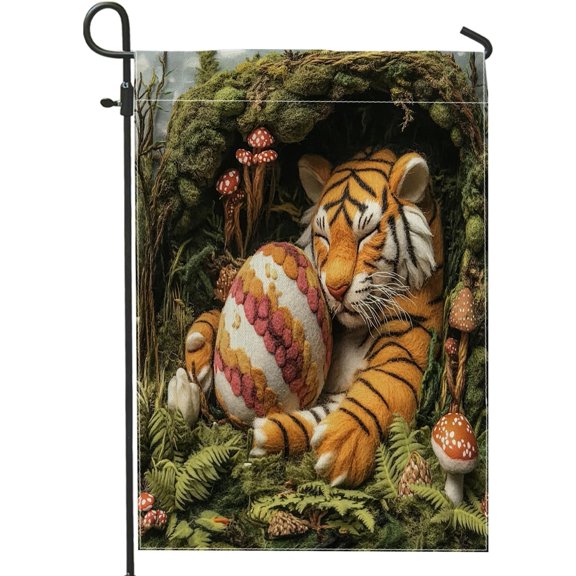 Spring Easter Tiger Wildlife Garden Flags 12x18 Inch for Outside, Wool Felt Style Animal Eggs Standard Vertical Linen Flags, Forest Print Front Yard Backyard Lawn Outdoor Decoration