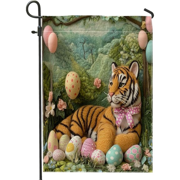 Spring Easter Tiger Wildlife Garden Flags 12x18 Inch for Outside, Wool Felt Style Animal Eggs Standard Vertical Linen Flags, Holiday Print Front Yard Backyard Lawn Outdoor Decoration