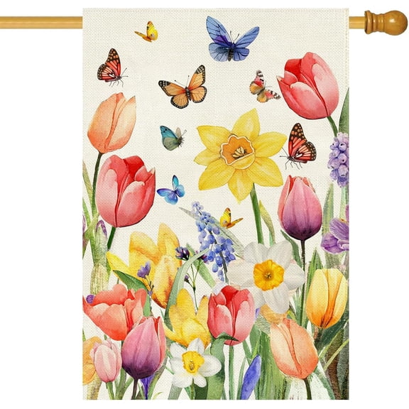 Spring Easter Tulip House Flag Double Sided 28x40 Inch Burlap,Daffodil Floral Butterflies Large Garden Flag Porch Patio Front Entry Yard Seasonal Farmhouse Outside Outdoor Decor
