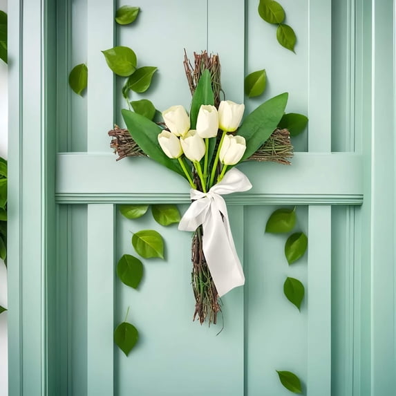 Spring Easter Tulip Wreath – 19.7in Artificial Pink Floral Door Hanging Decor for Front Porch or Indoor Wall – Summer Arrival Wreath for Home or Gift