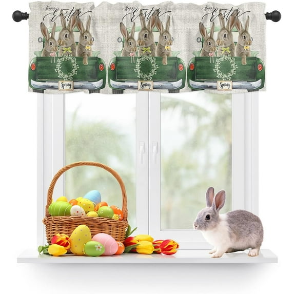 Spring Easter Valance Curtain for Window,Cartoon Bunny Hunter Green Truck Rod Pocket Kitchen Valances Short Curtain Panel Retro Cotton Linen Windows Treatment Drapes for Bedroom/Living Room/Cafe
