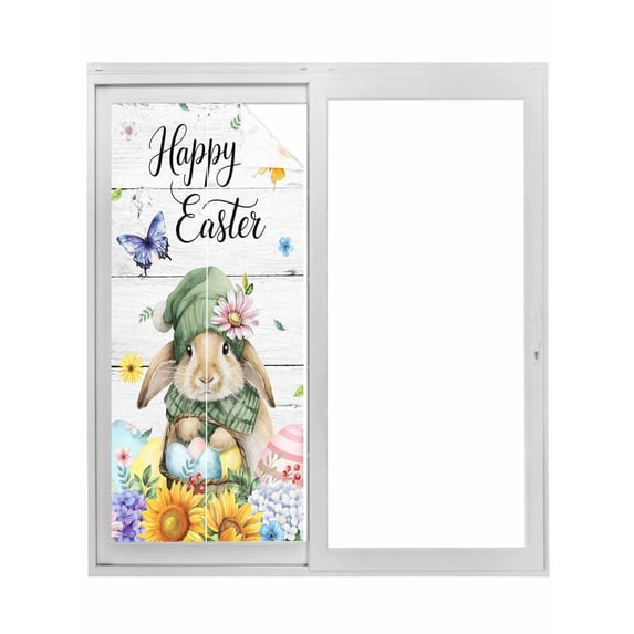 Spring Easter Window Privacy Film, Watercolor Floral Rabbits Eggs Butterflies Wood Static Cling UV Sun Blocking Tint Film Heat Control Windows Films for Bedroom Bathroom, Window Stickers 17.7"x39.3"