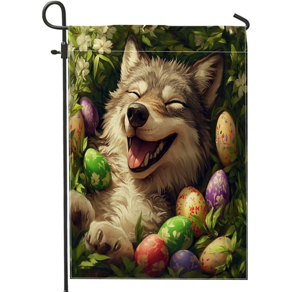 Spring Easter Wolf Wildlife Garden Flags 12x18 Inch Double Sided for Outside, Forest Wild Animal Eggs Standard Canvas Outdoor Flags, Landscape Front Yard Backyard Lawn Decoration