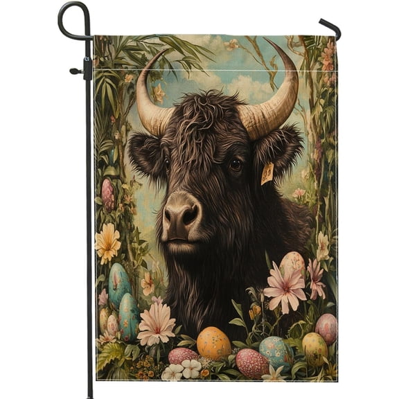 Spring Easter Yak Wildlife Garden Flags 12x18 Inch Double Sided for Outside, Vintage Aesthetic Animal Eggs Standard Vertical Canvas House Flags, Scenic Front Yard Backyard Lawn Flags
