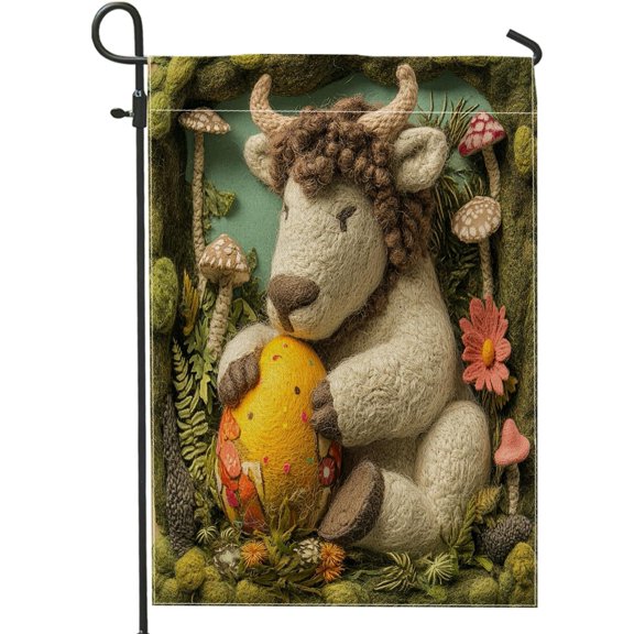 Spring Easter Yak Wildlife Garden Flags 12x18 Inch for Outside, Wool Felt Style Animal Eggs Standard Vertical Linen Flags, Forest Print Front Yard Backyard Lawn Outdoor Decoration