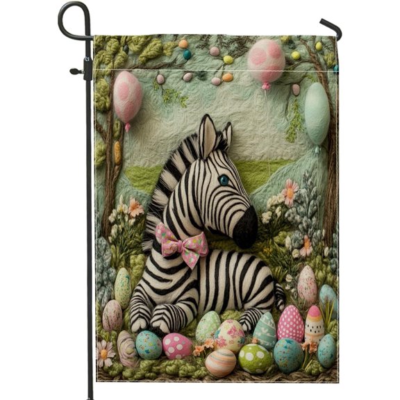 Spring Easter Zebra Wildlife Garden Flags 12x18 Inch for Outside, Wool Felt Style Animal Eggs Standard Vertical Linen Flags, Holiday Print Front Yard Backyard Lawn Outdoor Decoration