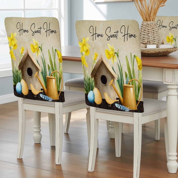 Spring Eggs Dining Chair Back Cover Only, Kettles Yellow Flower Vintage Home Farm Set of 6 Chair Back Covers, Removable Washable for Dining Room, Banquet & Holiday Decoration